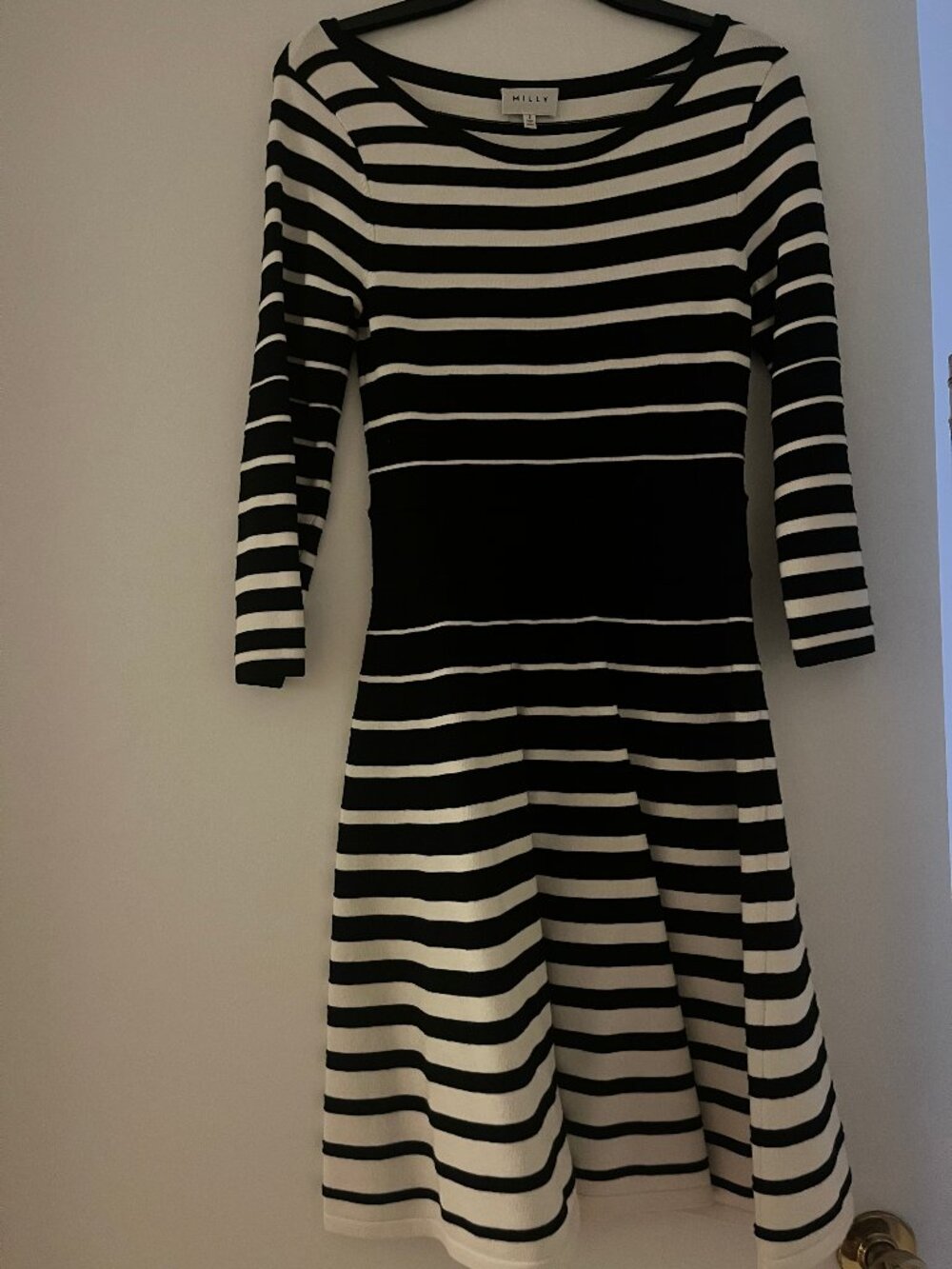 Milly Black White Striped Knit Fit & Flare Dress S